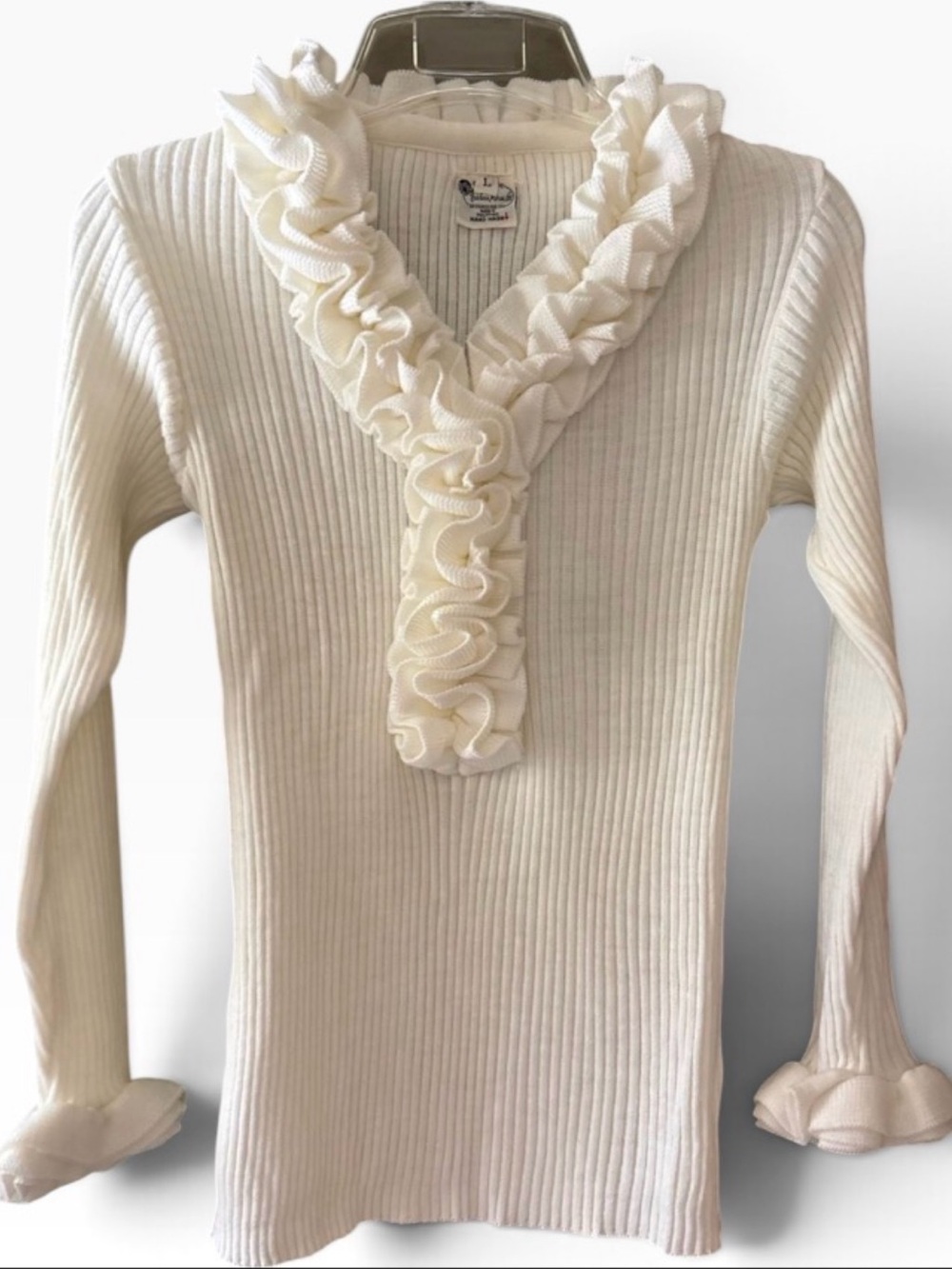 Rare STUNNING Nasharr Frères Ltd Vintage ribbed knit top ruffed neckline Size L